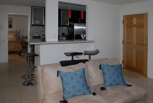 living room with view of kitchen