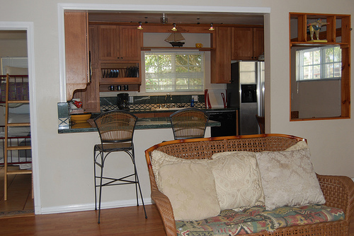 living room with kitchen view