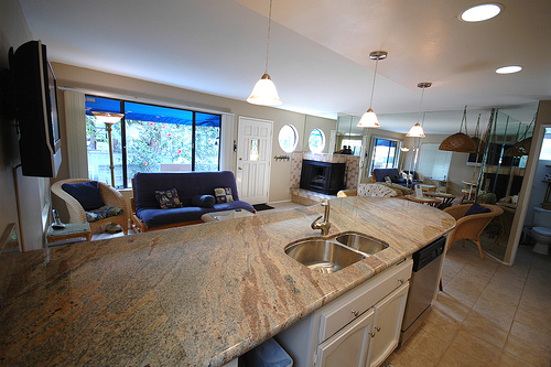 kitchen viewing living room with view